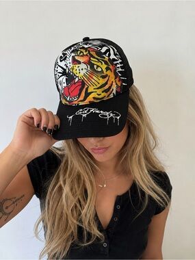 Ed Hardy Black Hat with Vibrant Tiger Artwork